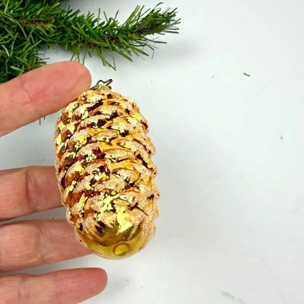 INGE-GLAS Christmas Ornament Blown Glass Shimmering Gold Pinecone 3,5